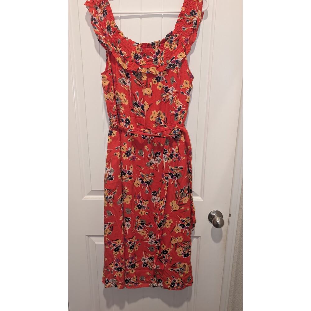 Conversations Anthropologie Floral Dress Women’s 14 Midi Red Ruffles Boho